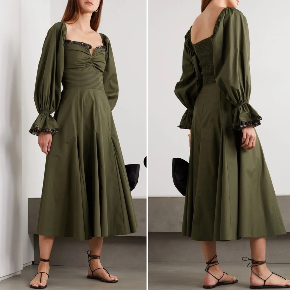 NWT! Lug Von Siga Serena Poplin Floral Dress Olive Green Ruffle Cotton M 40 NEW